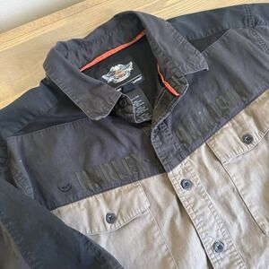 Harley Davidson Men's XL Black Tan Beige Logo Short Sleeve Button Up Shirt Top‎